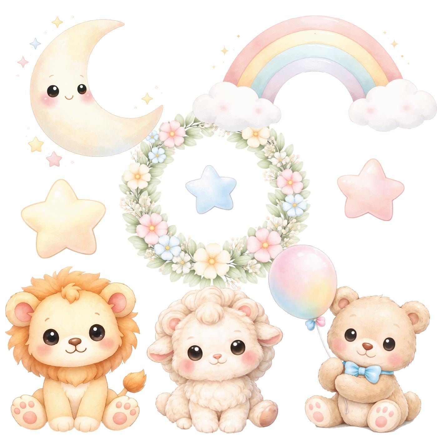 Kawaii Baby Animals Clipart Bundle, Pastel Watercolor Nursery PNG ...