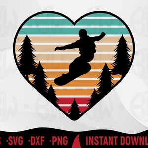 Snowboarder Svg, Snowboarding Logo Corazón Corazón Estilo Retro Svg Cut Archivo para Cricut, Silueta, Invierno, Snowboard Clipart, Snowboard Svg