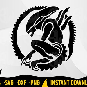 May include: Black and white graphic of an alien creature in a circular frame. The alien is crouched, with a long tail and a distinctive head shape. The image includes the text "EPS SVG DXF PNG" and "INSTANT DOWNLOAD".