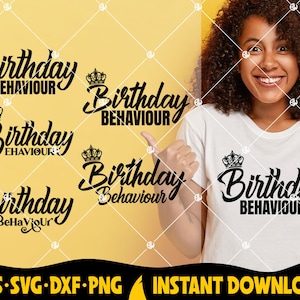 May include: A digital design featuring the text "Birthday Behaviour" in a black, bold font with a crown graphic above the text. The design is repeated five times with slight variations in the crown graphic and text.