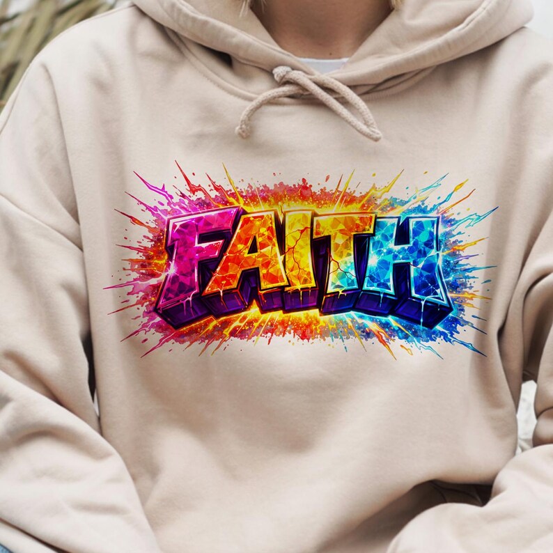 May include: A beige hooded sweatshirt featuring the word "FAITH" in a vibrant, graffiti-style design. The word is in bold, 3D lettering with a colourful gradient of pink, orange, yellow, and blue. The design has a splash effect.