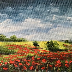 Цветущее поле масло мини-живопись, Pintura de paisagem de verão Campo Arte original pintura a óleo Farmhouse Art mini cavalete suporte como presente