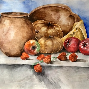 Natura morta, pittura ad acquerello, brocca in ceramica, mele e zucca, cibo, belle arti