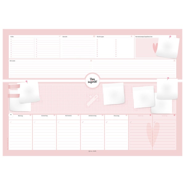 Schreibtischunterlage rosa, pink groß | 50 Blatt Papier zum Abreißen in DIN A2 | Notizzettel, Wochenkalender, Prioritätsfelder, Anrufe-Liste