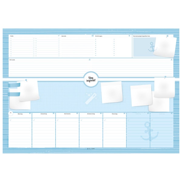 Schreibtischunterlage blau groß | 50 Blatt Papier zum Abreißen in DIN A2 | Notizzettel, Wochenkalender, Prioritätsfelder, Anrufe-Liste