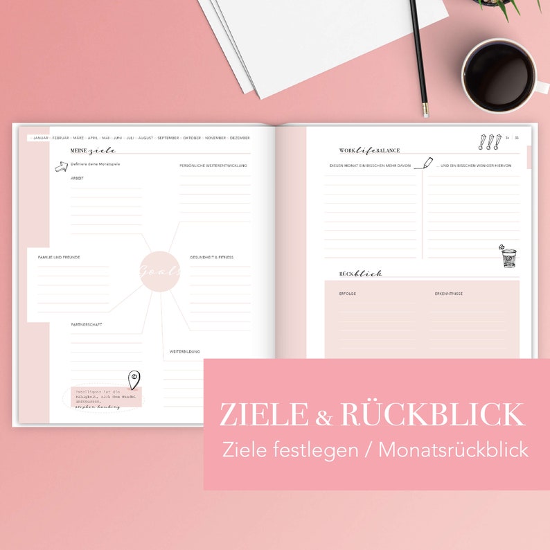 Woman at Work Business Planner für 54 Wochen Rosa Hardcover Terminplaner undatiert mit Wochenübersicht & Uhrzeiten in deutsch Bild 5