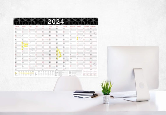 Calendrier mural 2024 noir Planificateur mural au format DIN A1, aperçu  annuel de l'année civile XXL pour 12 mois Jours fériés et aperçu 2024 -   France