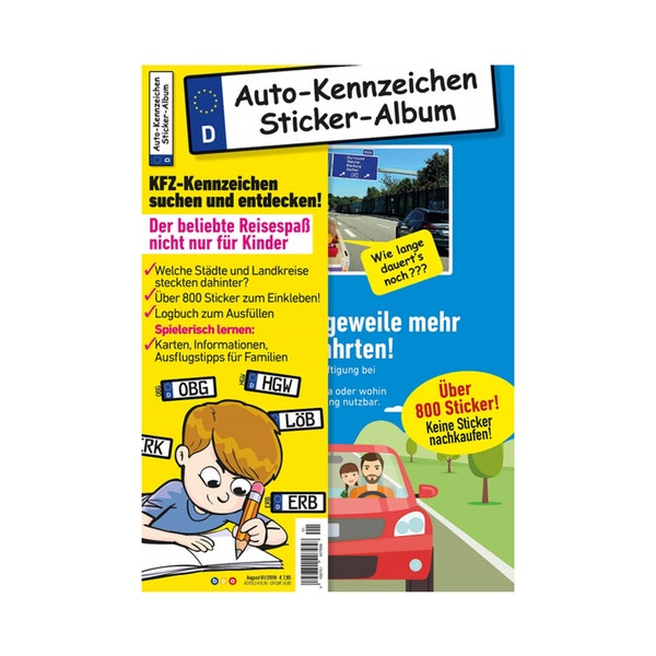 Kinder-Reisespiel KFZ-Kennzeichen Sticker-Sammelalbum fürs Handgepäck, Ratespaß unterwegs auf Reisen, Beschäftigung bei langen Autofahrten