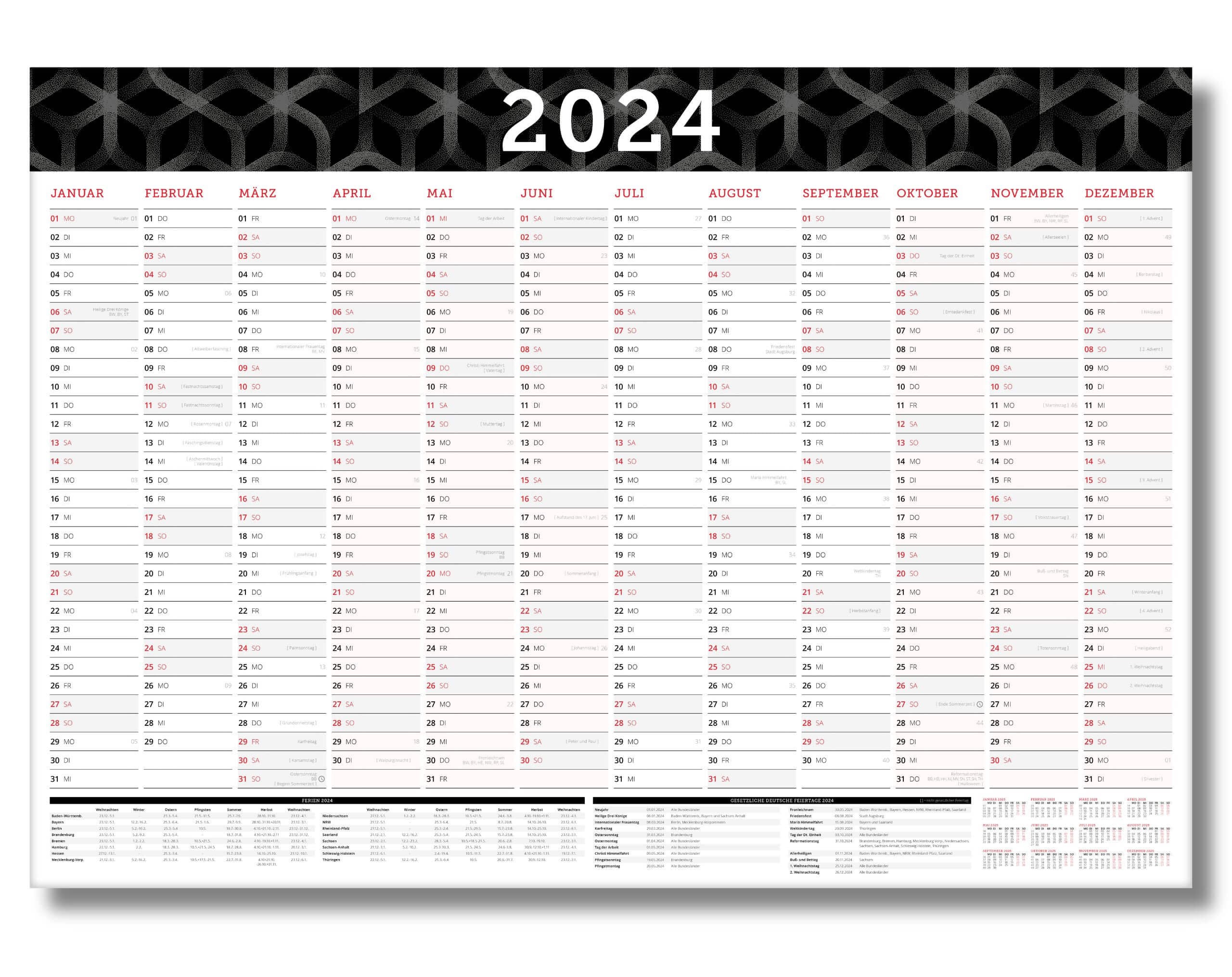 Calendrier mural 2024 noir Planificateur mural au format DIN A1, aperçu  annuel de l'année civile XXL pour 12 mois Jours fériés et aperçu 2024 -   France