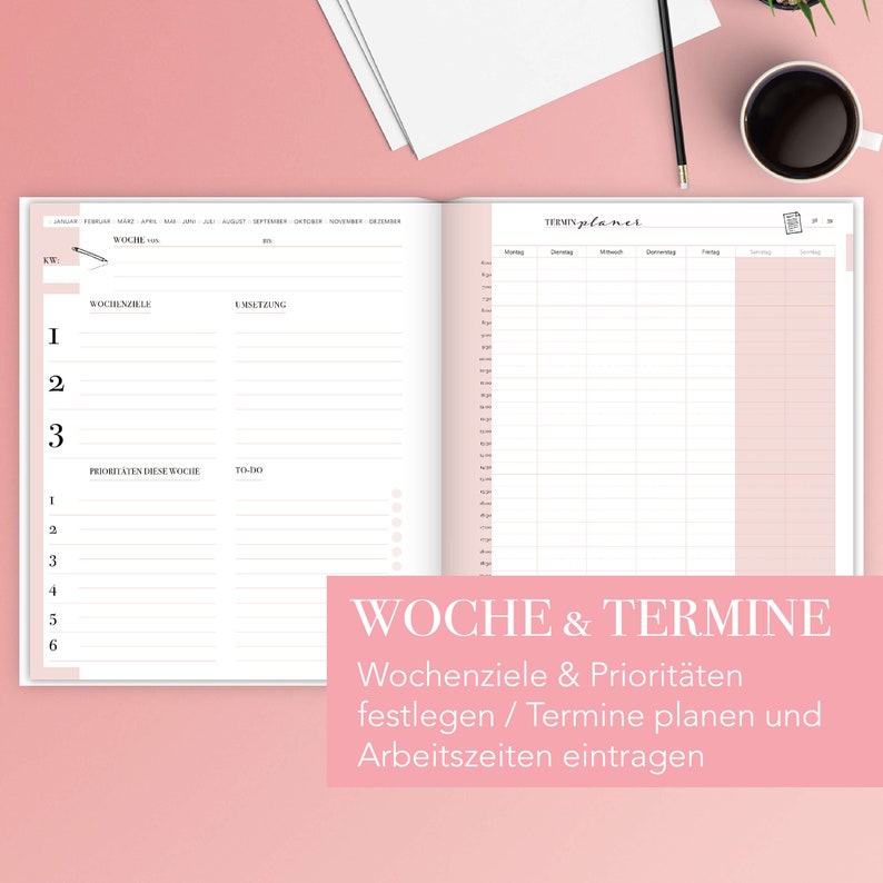 Woman at Work Business Planner für 54 Wochen Rosa Hardcover Terminplaner undatiert mit Wochenübersicht & Uhrzeiten in deutsch Bild 4