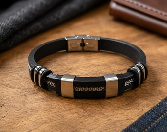 Men's Black Silicone Stainless Steel Bracelet, Silver Chain Accent, Modern Gift Him