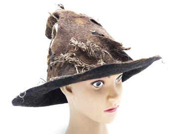 Eleganter handgefilzter Hexenhut – Handgefertigter Zaubererhut, Hexen-Cosplay, Halloween, Renaissance-Fest