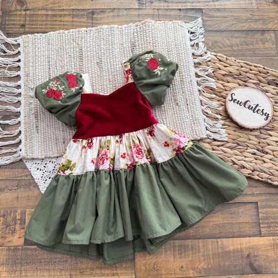 Holiday Christmas dress, puff sleeves, twirly tiered dress, rose embroidered, first christmas dress | 12m