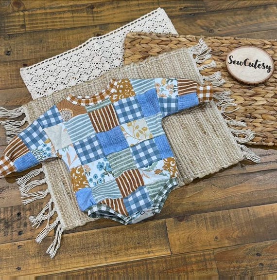 Patchwork Baby Romper | Floral Stripes Cotton French Terry Lined (0-3 Months)