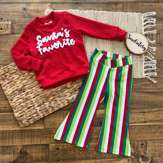 Santa's Favorite yarn embroidered Sweatshirt with Flare Pants | Cable Knit Sweater | Unique Flare Leggings | Christmas Bundle | 18-24M