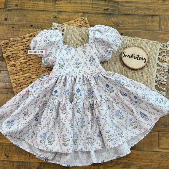 Girls Floral Cotton Dress | Puff Sleeve Twirl Dress, Bow Tie Back (1-6 Years)