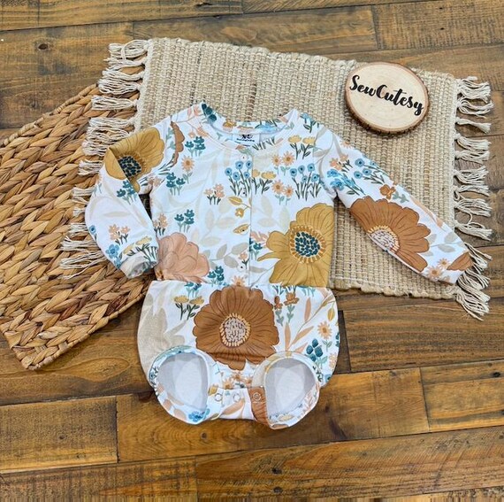 Floral French Terry Baby Romper, Long Sleeve Retro Outfit