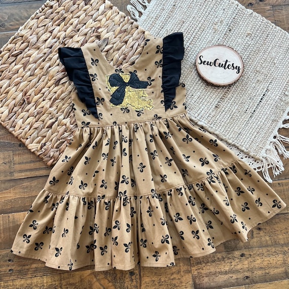 Louisiana Proud Ruffle Tiered Dress | Girls Louisiana Dress | 4T| Black and Gold | Childrens Dress| Twirly Dress