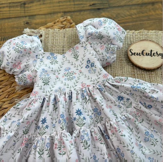 Girls Floral Cotton Dress | Puff Sleeve Twirl Dress, Bow Tie Back (1-6 Years)