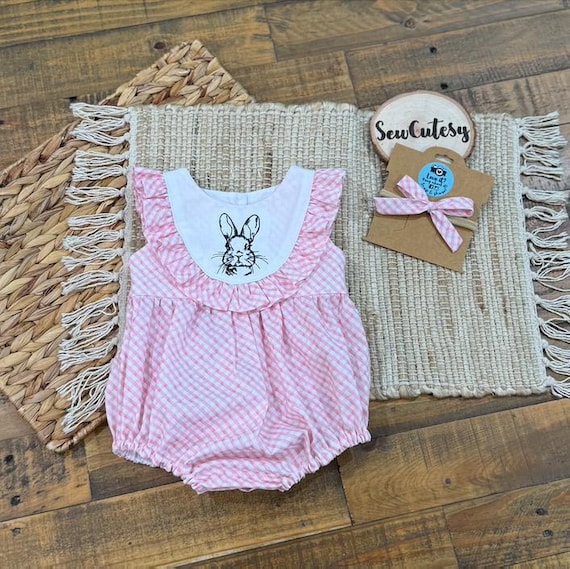Embroidered Bunny Easter Romper | Pink Gingham Bubble Spring Outfit