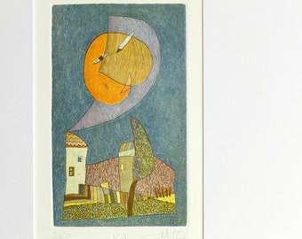 Original Radierung - Etchings - hand made-"Ein verliebter Mond"