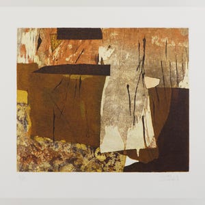 May include: Abstract art print with brown, beige, and white colors. The print features geometric shapes and lines, creating a textured and layered effect.