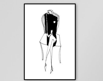 Figurative ink drawing, black and white, woman, digital file, printable art, digital download