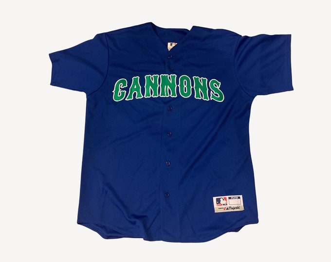 Vintage Baseball Jersey - Cannons Blue and Green Holliday #14 Sports Jersey, Retro Majestic Style, Casual button up jersey