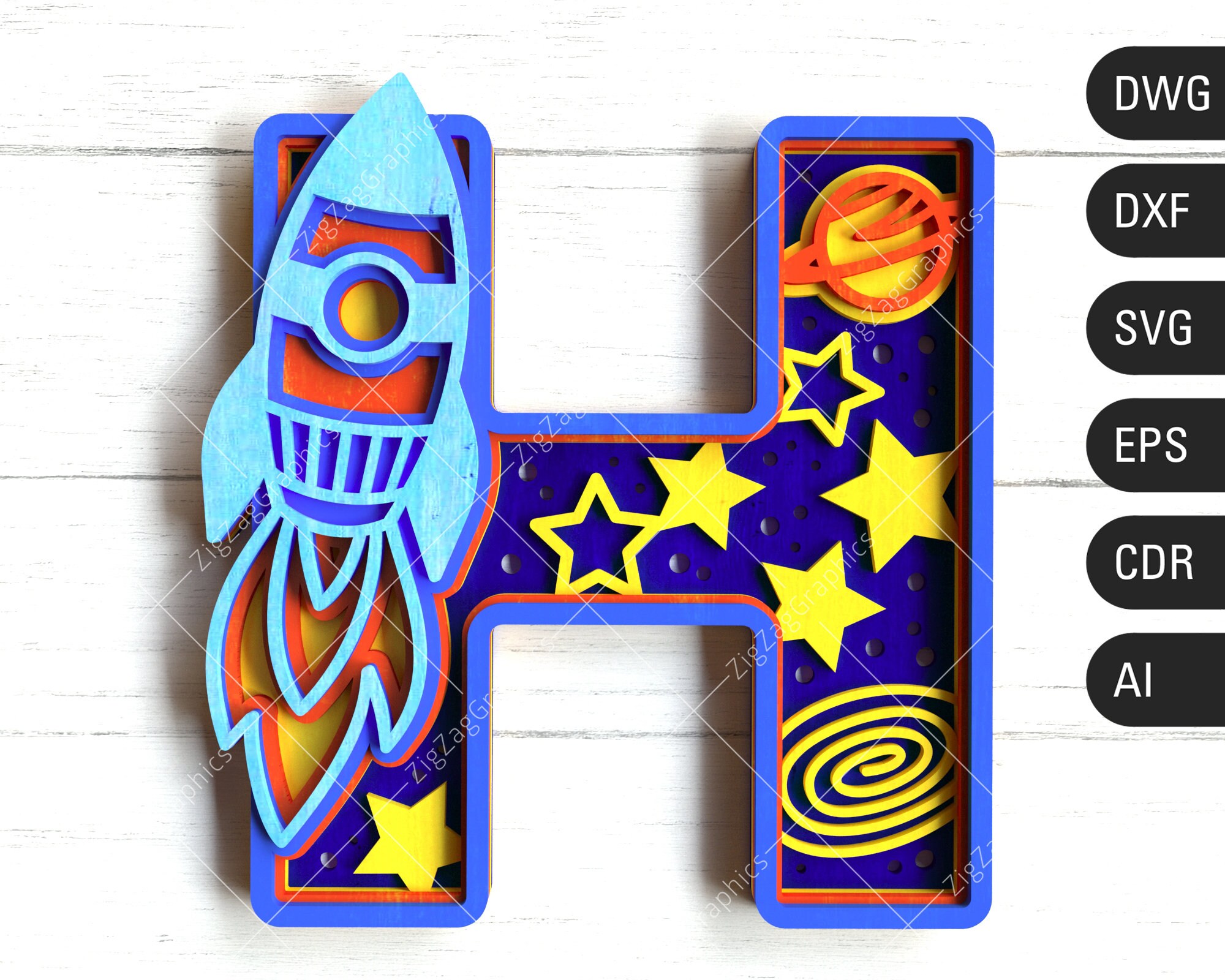 3D Layered Rocket Letter H SVG Layered Space svg for Kids Etsy