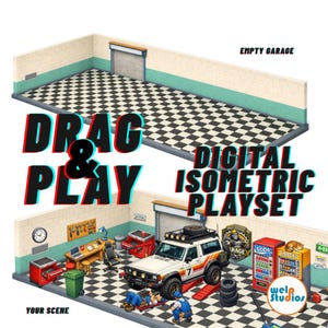 Puede incluir: Escena de juego digital isométrico con temática de garaje. La escena incluye un SUV blanco, herramientas, una máquina expendedora de refrescos y el texto "DRAG & PLAY" y "DIGITAL ISOMETRIC PLAYSET". El suelo del garaje tiene un patrón de cuadros blancos y negros.