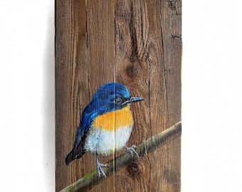 Hand painted unique Painting Blue Bird Acrylic on wooden boards from artist Mila Piotrowska mila.madeart flycatcher 72x42cm (28.5x16.5inch)