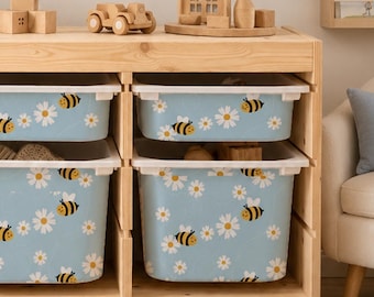 IKEA Trofast Bin Stickers. Bee Daisy Playroom Storage Makeover.