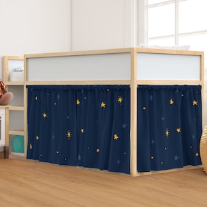 Kura bed curtains stars, Ikea kura bed tent starry sky. Curtains navy blue background with stars  for Kura bed. Loft, bunk bed accessories.