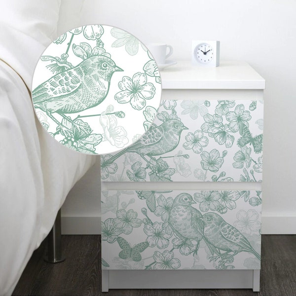 Malm decals, Birds malm dresser decal, Vintage birds pattern malm decals, Ikea malm overlay, ikea furniture overlays, malm dresser stickers