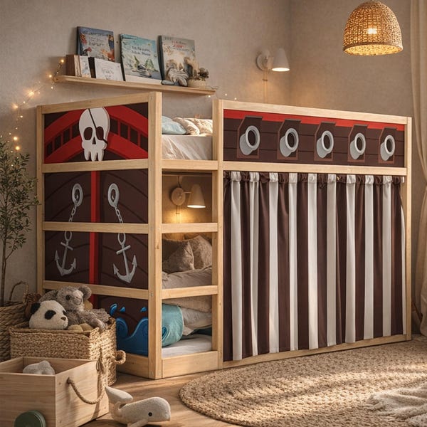 Playhouse ikea kura bed pirate ship. Dramatic play pirate: Kura decals & curtains.