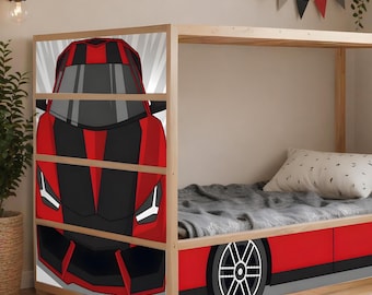 May include: A wooden bunk bed with a red race car design on the lower level. The bed features a red and black car graphic on the front and sides, with black and white wheels. The top bunk is accessible by a ladder. The room is decorated with race car themed artwork.