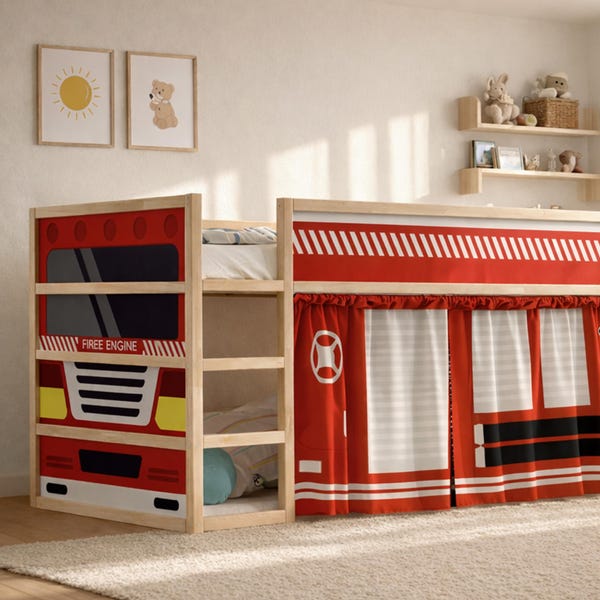 Firefighter Ikea Kura Bed Stickers & Curtains Set. Fire Truck Themed Bedroom. Fire Engine playhouse.