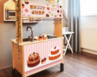 Ikea duktig kitchen hack: SWEET SHOP duktig decals. Pretend play Sweet shop. Removable sticker set for play kitchen. Toddler girl gift.