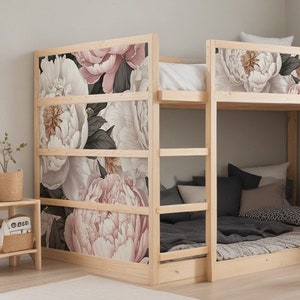 IKEA KURA. Bed decal for girls room. Kura bed makeover with kura bed stickers with large peonies pattern. Ikea Kura hacks.
