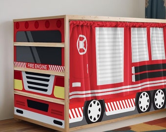 Kura Bed playhouse Fire Engine Truck. Ikea kura bed tent Firefighter vehicle. Fire Truck Decals + curtains. Kids Firefighter Bedroom Décor.