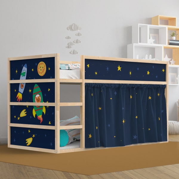 Space theme nursery décor: Ikea kura bed playhouse with loft bed decal space and rockets & kura bed curtains with stars. Kura bed tent stars