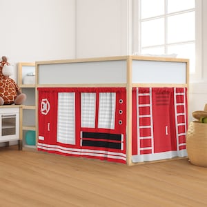 Fire truck Ikea kura bed drapes, Firefighter-themed loft bed curtains, Firefighter bunk bed canopy, Children's fire rescue kura bed tent.