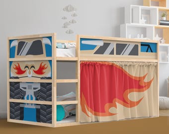 Ikea Kura bed tent. Monster truck playhouse. Kura bed curtains boys room. Ikea bed decal monster truck.