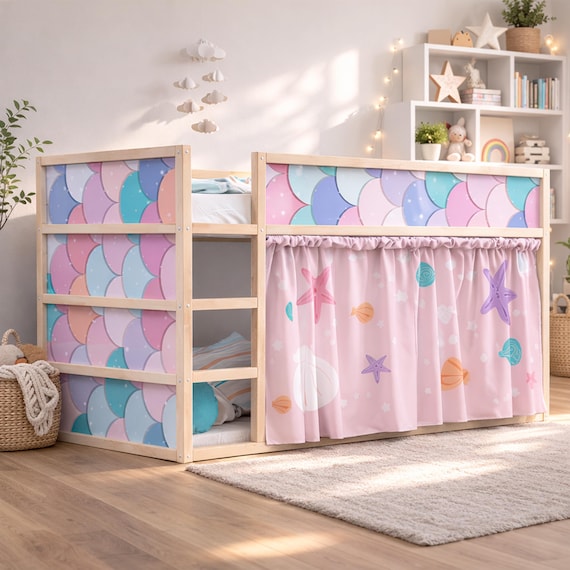 Mermaid Playhouse for IKEA Kura Bed. Pink Mermaid Decals and Curtains Set girls room.