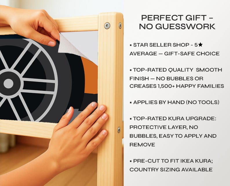 May include: A black and grey wheel design being applied to a wooden frame. The text reads "PERFECT GIFT - NO GUESSWORK" and lists features like a smooth finish and easy application. The design is pre-cut to fit IKEA KURA.