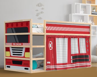 Fire Engine Kura Bed Stickers+Drapes Set. Loft Accessories for Ikea Kura Bed. Decals for Kids' Fire Truck Themed Bedroom. Playhouse nursery.