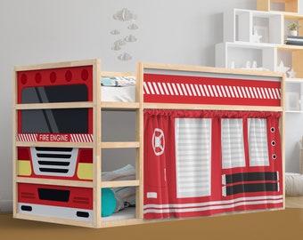 Fire Engine Kura Bed Stickers+Drapes Set. Loft Accessories for Ikea Kura Bed. Decals for Kids' Fire Truck Themed Bedroom. Playhouse nursery.