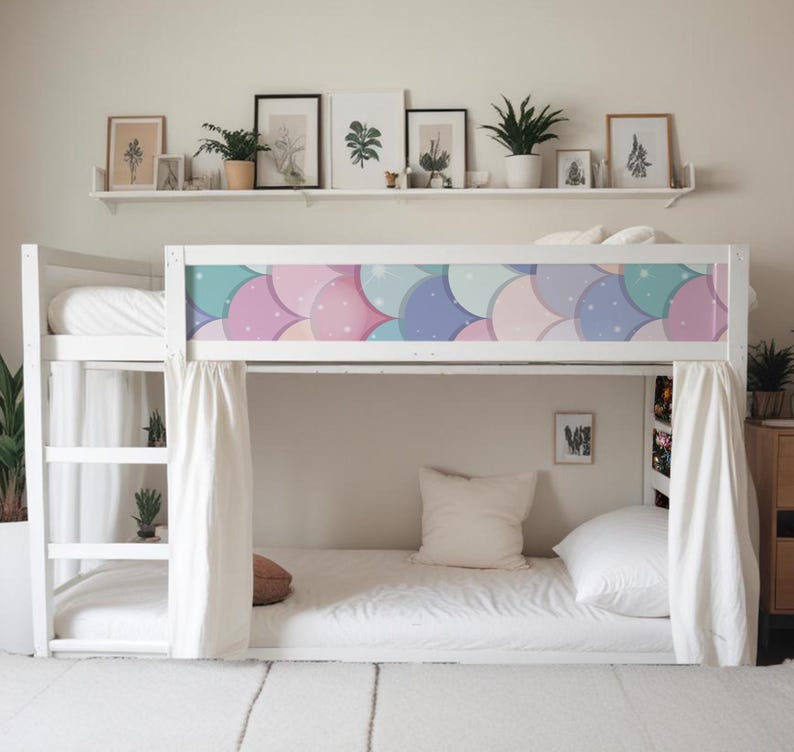 Soft pastel scale stickers for Kura loft bed panels, highly rated peel and stick skin set for bunk upgrade