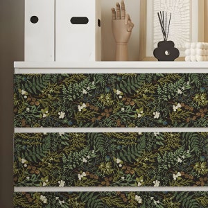 Malm decals. Ikea malm dresser decal retro floral theme. Ikea furniture decals dark botanical theme.
