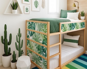 Monstera leaves Kura Bed Decals. IKEA Kura Bed Stickers. Green Botanical Kura Panels Upgrade.